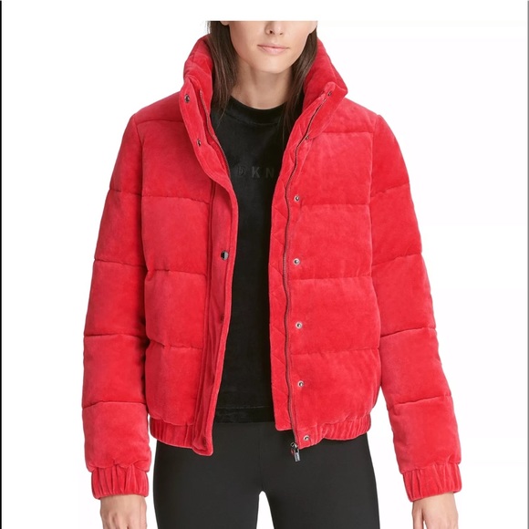 red velvet puffer jacket